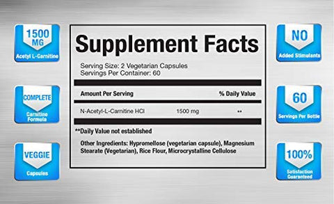 Vitamorph - Carnitina 1500 – Suplemento de Carnitina Acetil L-Carnitina 1500mg de Força Máxima – Suporta Energia, Memória, Foco e Gerenciamento de Perda de Peso – 120 Cápsulas Vegetarianas