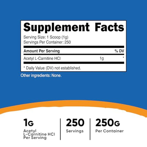 Acetyl L-Carnitine (ALCAR) em Pó 250g – 1g por Porção – 250 Porções - Nutricost