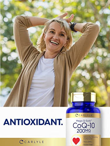CoQ10 200mg | 200 Cápsulas | Mega Q-Sorb Coenzima Q-10 | Vegetariano, Não-OGM, Sem Glúten | Comprar Online - Carlyle