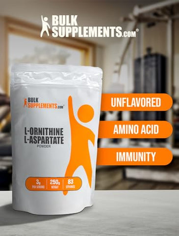 Suplemento de Ornithine em Pó L-Ornitina L-Aspartato da BulkSupplements.com – Aminoácido em Pó, Livre de Glúten, 3g por Porção, 250g (Pack de 1)