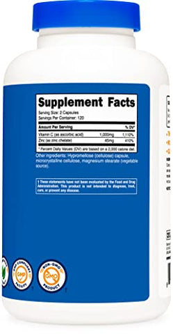 Vitamina C com Zinco Cápsulas, 120 Porções (2 Pacotes) – 1000mg Vitamina C, 45mg Zinco, Livre de Transgênicos, Sem Glúten - Nutricost