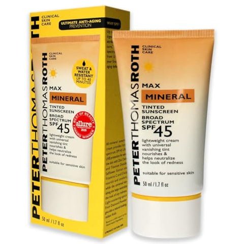 Protetor Solar Mineral Tonalizante SPF 45 | Hidratante Tonalizante com Proteção Solar, Resistente à Água para Pele Sensível, 50 ml (1 unidade) - Peter Thomas Roth