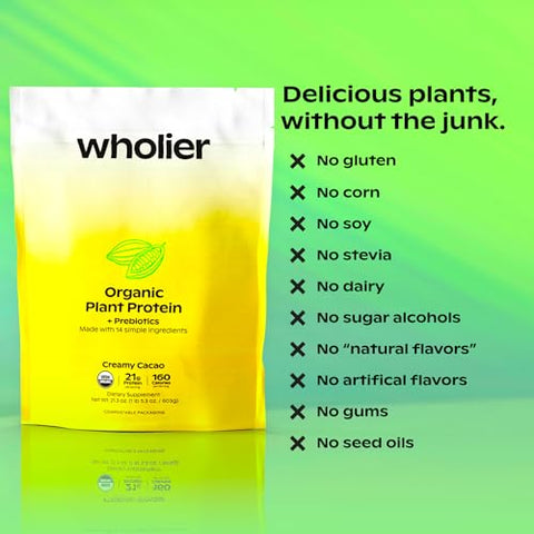 wholier - Proteína Vegetal Orgânica Wholier com Prebióticos. 21g de Proteína Vegana. 5g de Fibra. Casca de Psyllium e Banana Verde para Digestão. Sem Sabores Naturais, Gomas ou Preenchedores. Cacau Cremoso