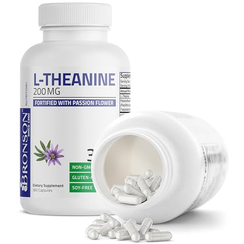 L-Theanine 200mg (Dupla Potência) com Erva de Passiflora, Suplemento para Gerenciamento de Estresse Sem Glúten e Soja, 360 Cápsulas - Bronson