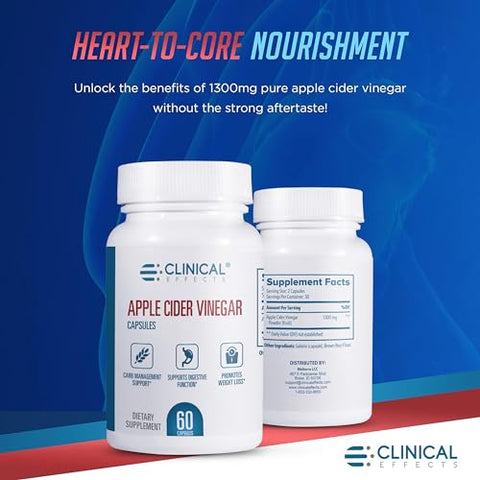 Cápsulas de Vinagre de Maçã – 1300mg de Vinagre de Maçã Puro para Gerenciamento de Peso, Saúde Cardíaca e Suporte Energético – 60 Cápsulas Vegetais de ACV – Fabricado nos EUA - Clinical Effects