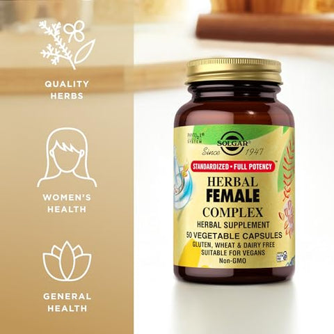 SOLGAR - Solgar Herbal Female Complex – 50 Cápsulas Vegetais – Potência Total Padronizada (PTP) – Não-OGM, Vegano, Kosher, Livre de Glúten e Lactose – 50 Porções