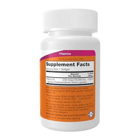 Suplementos, Vitamina D-3 10.000 UI Softgels, Suporte para Articulações, 240 Softgels - NOW Foods