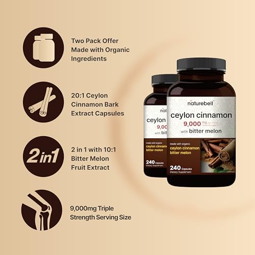 2 Pack Canela Ceylon 9000mg Por Porção, 480 Cápsulas | Feito com Canela Ceylon Orgânica do Sri Lanka e Melão Amargo Orgânico – Não-OGM, Sem Glúten - NatureBell