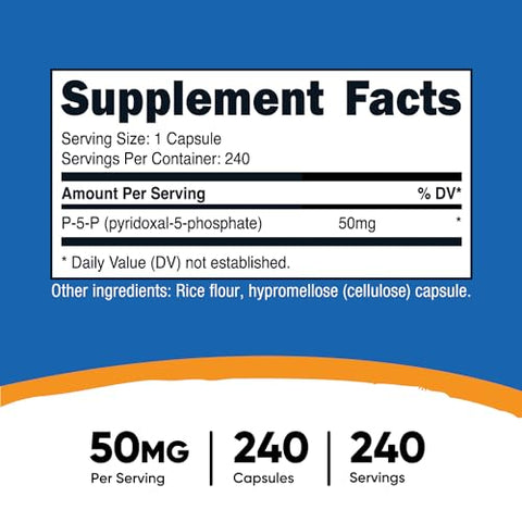 P5P Vitamina B6 50mg, 240 Cápsulas (Piridoxal-5-Fosfato) – Vegetariano, Não-OGM, Sem Glúten - Nutricost