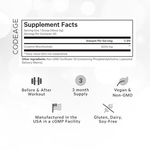 Liposomal Creatine em Pó – Suprimento de 3 Meses – 5000mg Monohidrato de Creatina Pré-Treino - Codeage