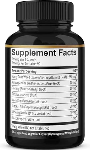 Cápsulas de Horny Goat Weed com Maca, Ginseng, Tribulus Terrestris, Ashwagandha – 90 Cápsulas – 3 Meses de Fornecimento - BMVINVOL