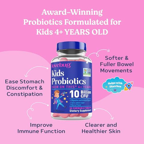 lovebug PROBIOTICS - Lovebug PROBIOTICS para Crianças – Chewables Probióticos com Fibra Prebiótica para Idade 4, Saúde Intestinal Diária Infantil, Constipação, Digestão