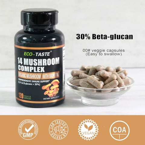 ECO-TASTE - Suplemento 14 Cogumelos 120 Cápsulas – Impulsionador do Sistema Imunológico