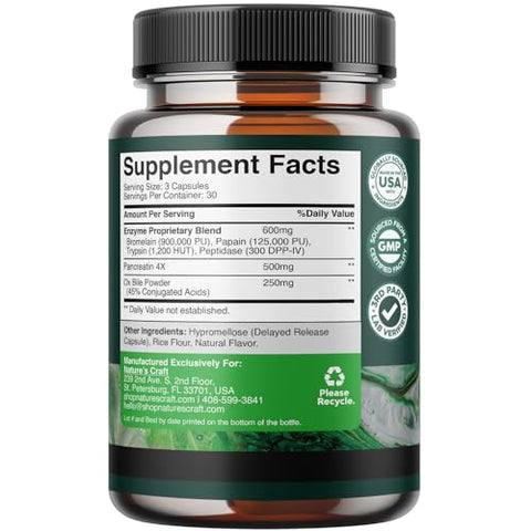 Natures Craft - Enzimas Digestivas com Suplemento de Bile de Boi – Suporte para Digestão do Pâncreas e Vesícula Biliar com Enzimas Digestivas de Pancreatina 4X e Bile de Boi