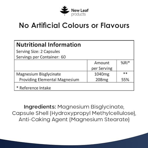 New Leaf Products - Magnésio Glicinato – 120 Cápsulas de Alta Potência – 1040mg de Magnésio Fornecendo 208mg de Magnésio Elemental por Porção – Ingrediente Ativo Puro – Fabricado no Reino Unido