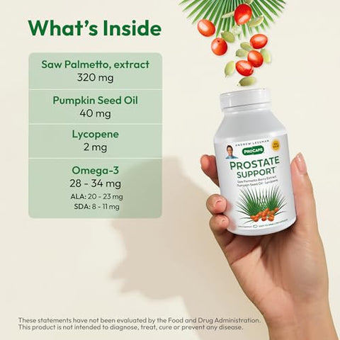 Suplemento de Suporte à Próstata para a Saúde Masculina, 180 Softgels, Sem Aditivos – Saw Palmetto para Homens, Óleo de Semente de Abóbora, Licopeno - ANDREW LESSMAN