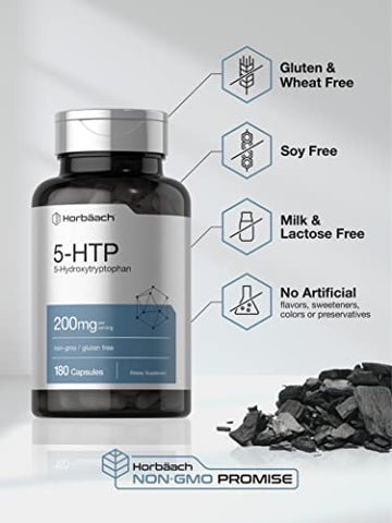 5HTP 200mg Cápsulas | 180 Unidades | Griffonia Simplicifolia | Suplemento Extra Forte de 5HTP | Livre de OGM, Sem Glúten | 5 Hidroxitriptofano - Horbäach