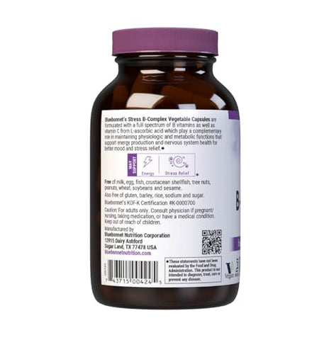 Nutrition – Cápsulas Vegetais de Complexo B para Alívio do Estresse, Vitamina B6, B12, Biotina, Ácido Fólico, Vegano, Sem Glúten - Bluebonnet