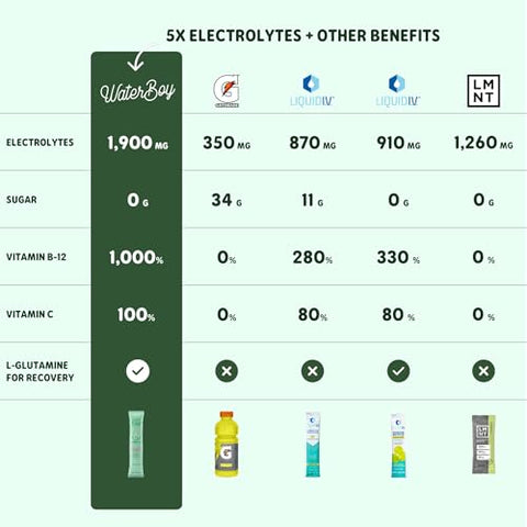 Hidratação Waterboy Workout | Sachês de Pó de Eletrólitos Sem Açúcar 2.960mg | Vitaminas L-Glutamina | Natural, Sem Açúcar, Sem Glúten (Variedade)