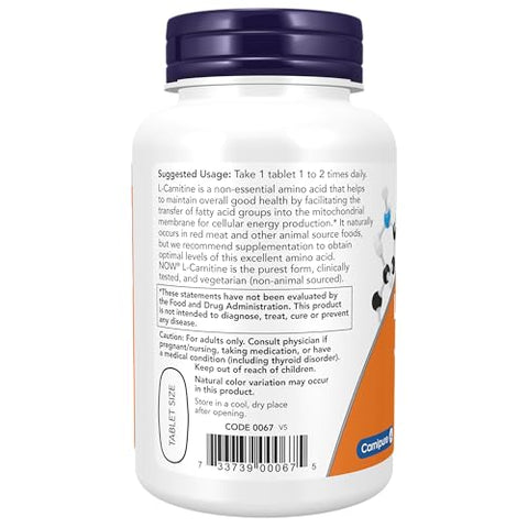 Suplementos, L-Carnitina 1.000 mg, Forma Mais Pura, Aminoácido, Suporte para Fitness*, 50 Comprimidos - NOW Foods
