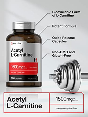 Suplemento Horbäach Acetyl L-Carnitina 1500mg | 200 Cápsulas | Alta Potência ALCAR | Sem OGM, Sem Glúten