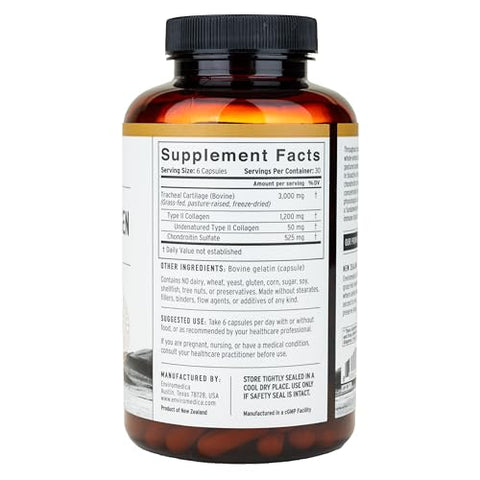 Cápsulas de Colágeno Tipo II de Cartilagem Traqueal de Bovino, Fonte de Proteína de Colágeno Não Desnaturado proveniente de Gado da Nova Zelândia Alimentado com Grama (180 Cápsulas) - Enviromedica