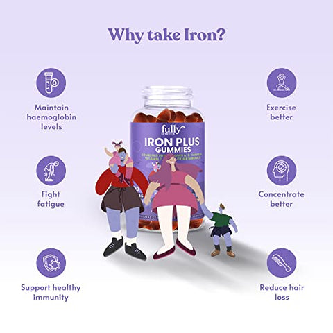 FULLY NUTRITION - Suplemento de Gomas de Ferro para Adultos (Mulheres, Homens) e Crianças – Sabor Uva – Suporta Anemia, Energia e Concentração – 100 Unidades