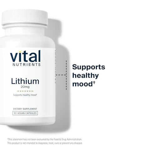 Lithium Orotate | Suplementos Veganos de Lítio para Memória, Estado Mental e Saúde Comportamental* | 20mg | Livre de Glúten, Laticínios e Soja | 90 Cápsulas - Vital Nutrients