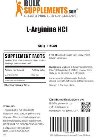 com L-Arginine HCl em Pó – Suplemento de Arginina 1000mg – Óxido Nítrico em Pó – Puro - BulkSupplements