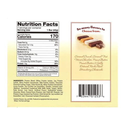 FitWise - FITWISE – Barras de Camada de Alta Proteína, 15g Proteína, Baixa Caloria, Baixa Gordura, Baixo Colesterol, Livre de Aspartame, Barra de Lanche Vegetariana para Café da Manhã, 7 Porções por Caixa (Caramel Crunch)