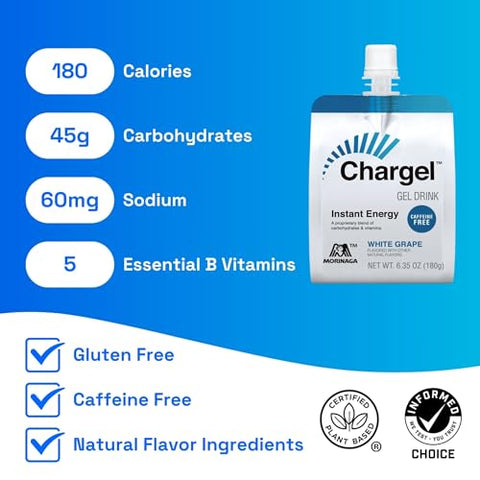 Chargel - Gel Energético Instantâneo de Uva Branca, Sem Cafeína, para Corrida, Ciclismo, Treino, Caminhada e Resistência | Carboidratos Vitaminas | Sem Glúten – Pacote com 6 Sachês – 180g Cada