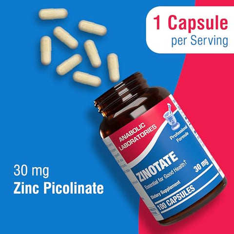 Anabolic Laboratories - Zinotate Zinc 30mg – 100 Cápsulas para Crescimento, Sentidos, Osso e Saúde Imunológica – Suplemento de Zinco para Homens e Mulheres