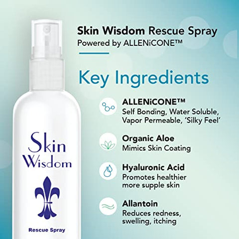 Skin Wisdom - Rescue Spray: Fórmula Patenteada com Ácido Hialurônico, Aloe Vera Orgânica para Pele Saudável – Eczema, Rosácea, Dermatite por Radiação, Queimadura Solar, Irritação, Redução de Cicatrizes 120 ml