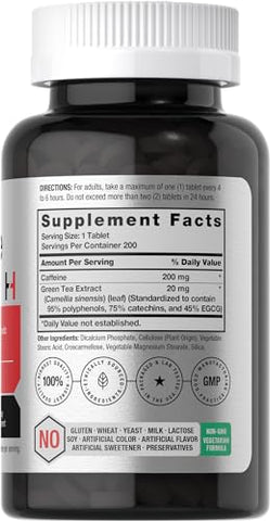 Cápsulas de Cafeína 200mg | com Chá Verde | 200 Comprimidos | Vegetariano, Não-OGM | Horbäach - Horbäach