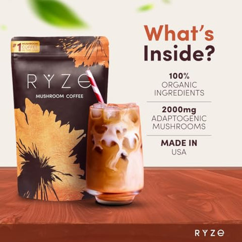 RYZE SUPERFOODS - RYZE Café de Cogumelo | 6 Cogumelos Adaptogênicos | Café Instantâneo | Melhor Energia, Foco, Digestão, Imunidade | Cultivado Organicamente nos EUA | Cordyceps, Cabeça de Leão, Shiitake, Reishi | 100% Natural