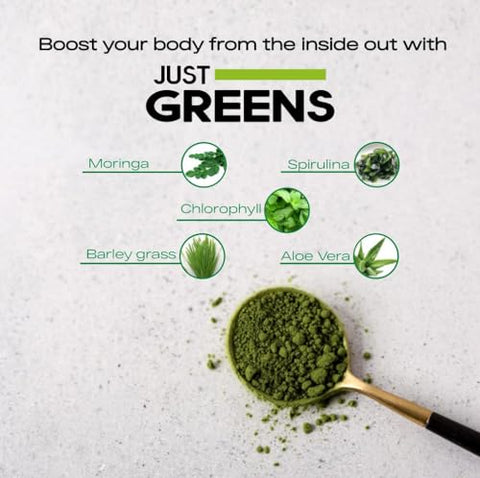 STRAUSS WELLNESS - Just Greens – Pó de Superfood – Clorofila, Spirulina, Moringa, Aloe Vera – 100g