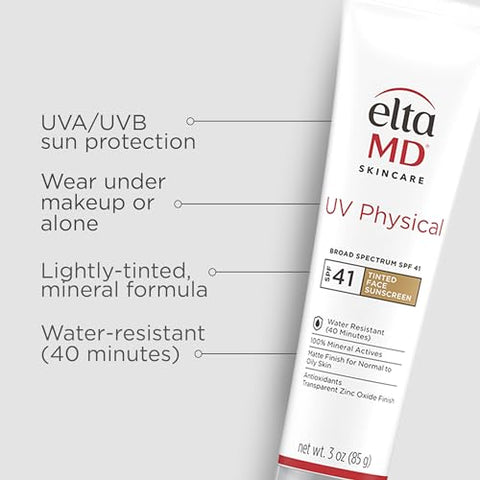 EltaMD UV Physical Protetor Solar Tonalizante para o Rosto, FPS 41, Protetor Solar Tonalizante 100%% Mineral, Tubo de 3.0 oz (85g)