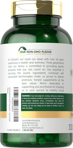 Reishi Mushroom 5000mg | 300 Cápsulas | Extrato de Reishi Sem GMO e Sem Glúten - Carlyle