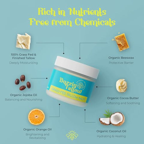 Buzzin Tallow - Bálsamo de Talo de Carne de Gado Criado a Pasto para Cuidados com a Pele – Creme Hidratante Facial – Eczema, Rosácea, Acne, Assaduras, Estrias, Psoríase – Cuidados Pós-Tatuagem: Cera de Abelha Orgânica Óleo de Jojoba – Adulto
