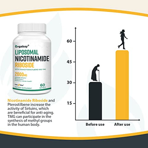 Orgabay - Liposomal Nicotinamida Ribosídeo 2000 MG com TMG e Pterostilbeno, Aumentando o NAD, Apoio ao Envelhecimento Saudável, 120 Comprimidos