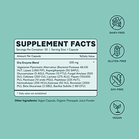 Suplemento Multienzimático Vegano, Sem Glúten para Digestão com Probióticos para Saúde Intestinal, Alívio de Inchaço, Prisão de Ventre e Gases – 30 Cápsulas Fáceis de Engolir - Ora Organic
