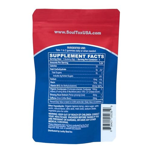 Lucky Soul - Soultox Energy Gummies de Cogumelo de Morango – Fórmula Vegana com Ginseng, Cordyceps, Cafeína, Vitamina B12 – Aumenta a Energia e a Função Cognitiva – Ingredientes Naturais – 10 Pacotes
