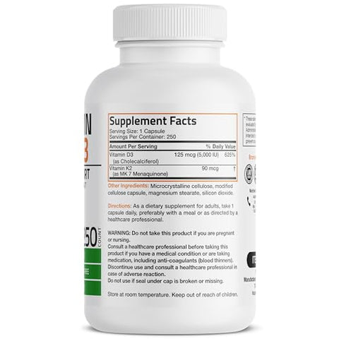 Vitamina K2 (MK7) com D3 para Saúde Óssea e Cardíaca Fórmula Não-OGM 5000 UI Vitamina D3 - Bronson