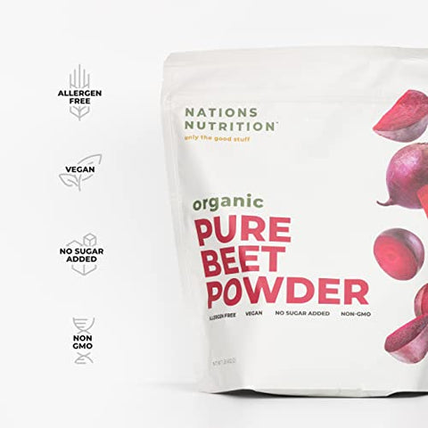 Nations Nutrition - Pó de Beterraba Orgânica Pura – Superfood de Circulação de Óxido Nítrico, Apoia o Fluxo Sanguíneo – 100g