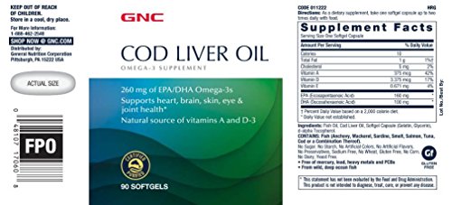 Óleo de Fígado de Bacalhau GNC – Rico em Ômega-3 e Vitaminas – 120 cápsulas de 1000mg
