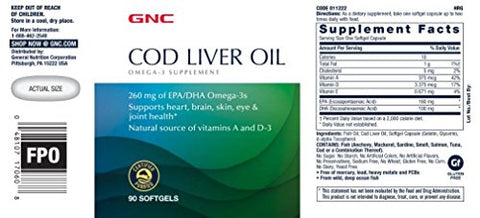 Óleo de Fígado de Bacalhau GNC – Rico em Ômega-3 e Vitaminas – 120 cápsulas de 1000mg