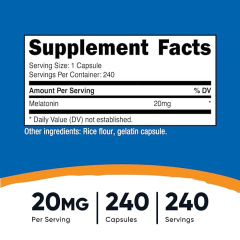 Melatonina 20mg, 240 Cápsulas, Sem OGM – Compre Agora! - Nutricost