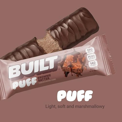 Built Bar - BUILT Barras de Proteína, Sabor Brownie, 12 unidades, Snacks Proteicos com 17g de Proteína, Colágeno, Barra de Proteína de Chocolate, Sem Glúten com 140 calorias