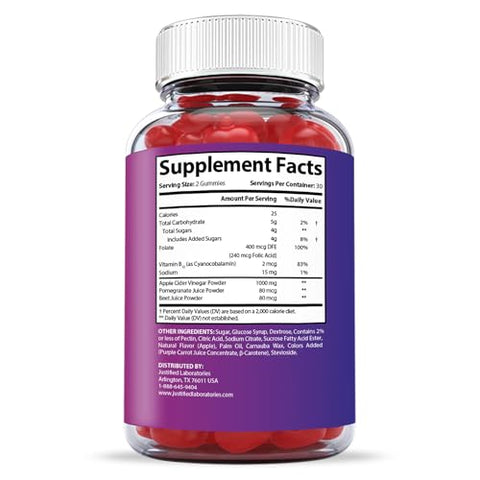 Gummies True Form Keto ACV Justified Laboratories 1000MG Vegan Non GMO com Suco de Romã Beterraba B12 60 Gummys