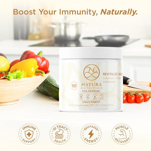 Natura Nutrition - Natura Colostrum em Pó: 400 Nutrientes Funcionais, Aprovado por Médicos, Orgânico dos EUA, Normas do USDA, Saúde Intestinal, Combate ao Inchaço e Reforço Imunológico